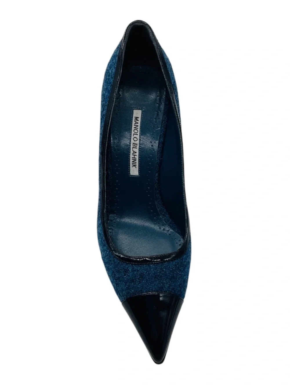 MANOLO BLAHNIK BLUE WOOL TWEED PUMPS WITH NAVY PATENT LEATHER POINTED CAP TOE